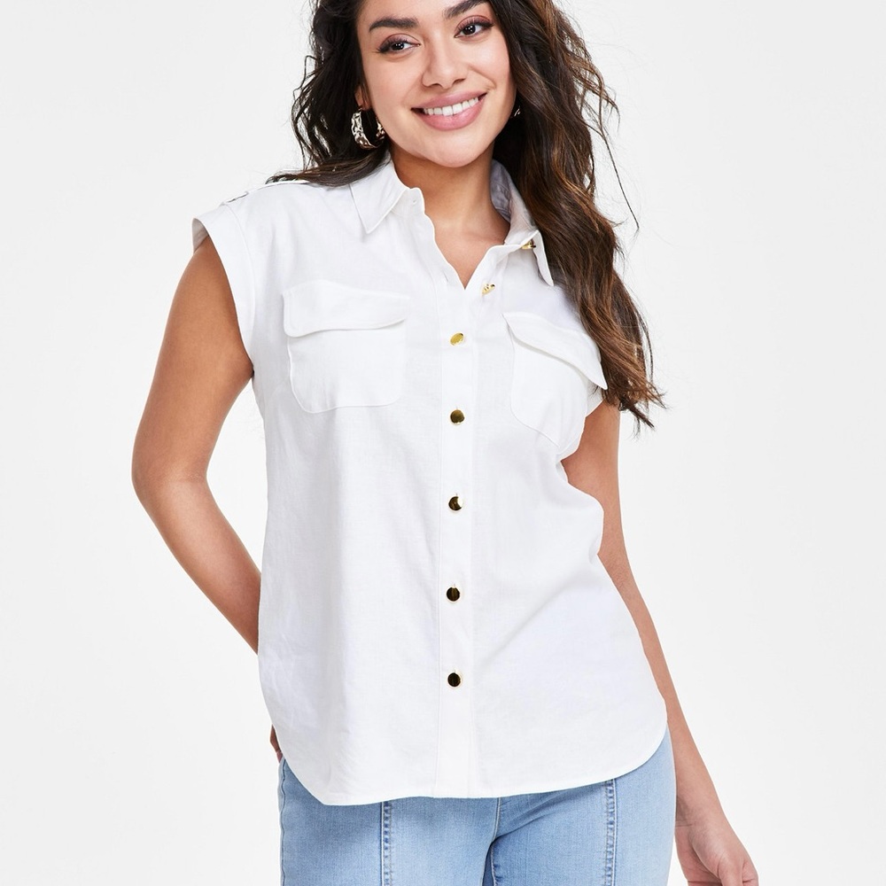 INC International Concepts White Sleeveless Button Down Shirt